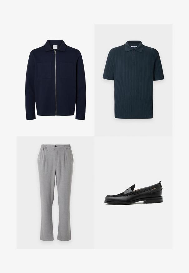 Marineblauwe lange mouwen jas met een kraag, ritssluiting aan de voorkant en twee borstzakken.; Donkerblauw poloshirt met korte mouwen en een geribbelde structuur, voorzien van een kraag en een drieknopsbies.; Grijze broek van een gestructureerde stof, met een knoopsluiting en een elastische taille. Recht model met zijvouwen.; Zwarte leren loafer met grijs riemdetailelement, lage hak en gestructureerde zool, aan de zijkant gebrandmerkt met "HUGO" in goud.