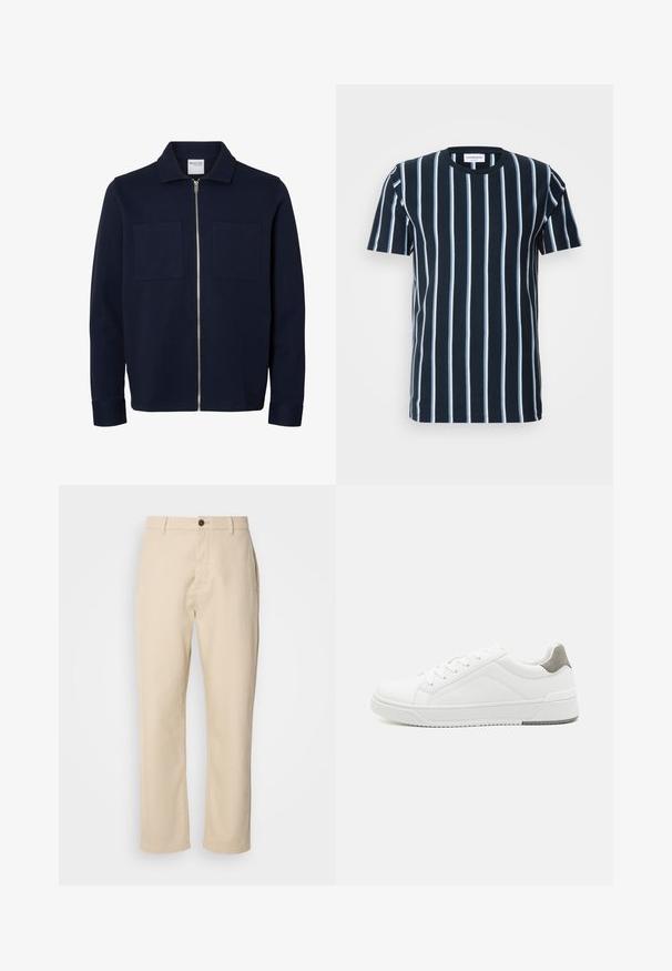 Marineblå jakke med lange ærmer, krave, lynlås foran og to brystlommer.; Marineblå stribet t-shirt med lodrette hvide striber, rund halsudskæring, korte ærmer og en afslappet pasform. Glat bomuldsstof.; Beige bomuldsbukser med lige ben, en frontknaplukning, sidelommer og en glat tekstur. Minimalistisk design, ingen synlige mønstre.; Hvid sneaker lavet af glat læder, rund tå, minimalistisk design, grå hælafsats og tekstureret gummisål.