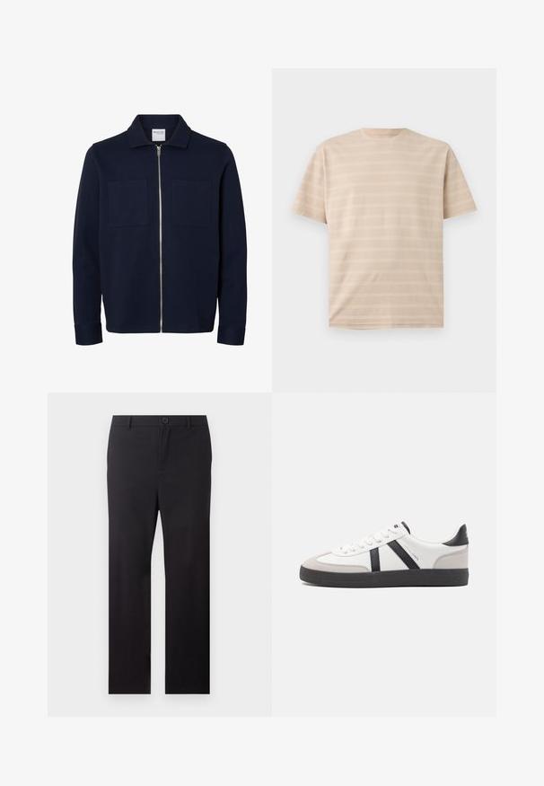 Chaqueta azul marino de manga larga con cuello, cremallera frontal y dos bolsillos parche en el pecho.; Camiseta beige de manga corta con cuello redondo y sutiles rayas horizontales texturizadas sobre un fondo liso.; Pantalones negros de pierna recta con trabillas para cinturón y cierre frontal de botón sobre fondo blanco.; Zapatilla blanca con acentos en negro y gris, que presenta una puntera texturizada en gris, suela de goma negra y cordones planos blancos. Diseño limpio, estilo minimalista.