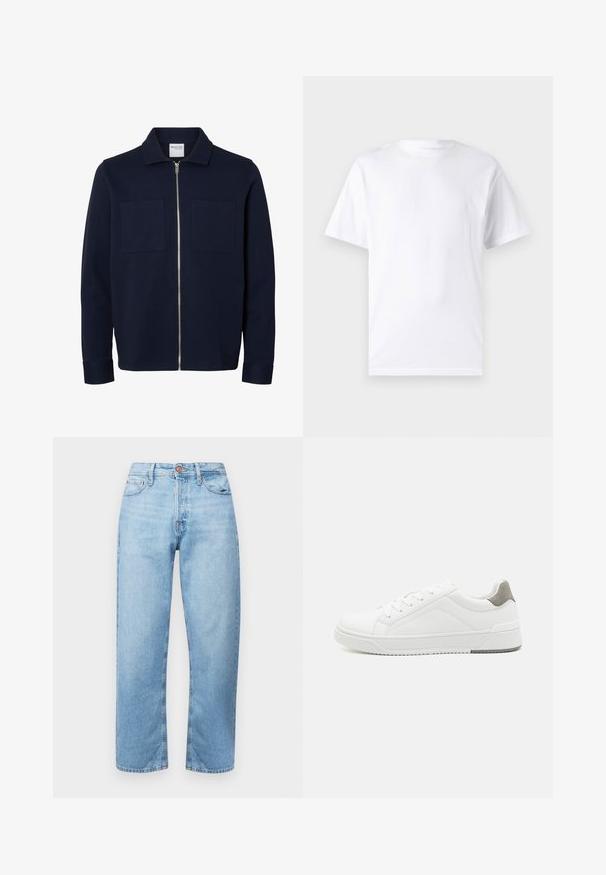 Marineblauwe lange mouwen jas met een kraag, ritssluiting aan de voorkant en twee borstzakken.; Witte T-shirt met korte mouwen, gemaakt van katoen, met een ronde hals. Het heeft een gladde textuur en een eenvoudig ontwerp zonder patronen of accenten.; Lichtblauwe denim jeans met een rechte snit, vijf zakken en een knoopsluiting. Gladde textuur en minimale vervaging met gestikte accenten.; Witte sneaker van glad leer met een ronde neus, minimalistisch ontwerp, grijze hielaccent en een geplaatste rubberen zool.
