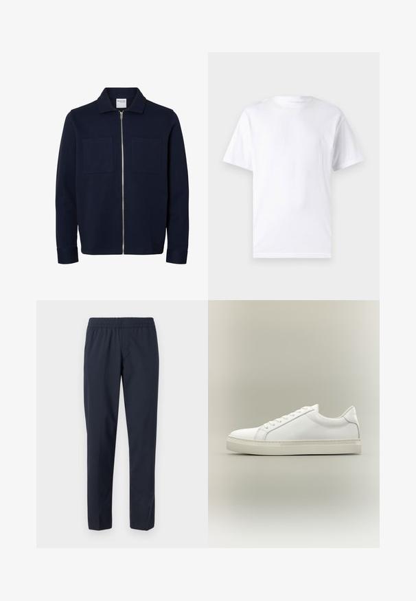 Marineblå jakke med lange ærmer, krave, lynlås foran og to brystlommer.; Hvid kortærmet t-shirt lavet af bomuld med rund hals, der har en glat tekstur og et simpelt design uden mønstre eller accenter.; Mørkeblå bukser med elastisk talje, lige ben, let stof og uden synlige lommer eller udsmykninger.; Hvid lavtop sneaker med snørebånd foran og tyk sål, vist fra siden mod en neutral baggrund.