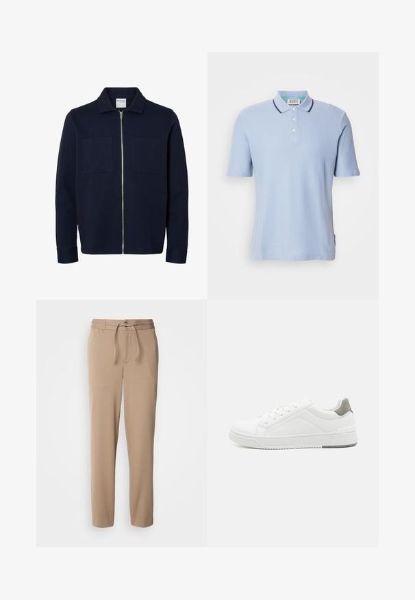 Marineblå jakke med lange ærmer, krave, lynlås foran og to brystlommer.; Lyseblå polo-shirt lavet af ribbet stof, med en to-knaps placket, korte ærmer og marineblå kant på kraven.; Beige sweatpants lavet af blød bomuld, med elastisk talje, snor i livet, slim fit og lige ben uden mønstre.; Hvid sneaker lavet af glat læder, rund tå, minimalistisk design, grå hælafsats og tekstureret gummisål.