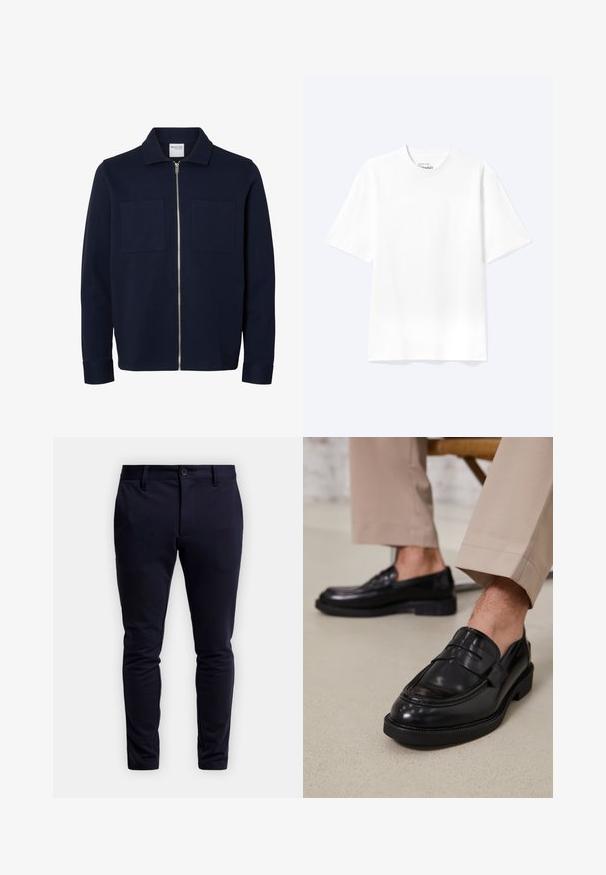 Marineblå jakke med lange ærmer, krave, lynlås foran og to brystlommer.; Enkel hvid T-shirt med korte ærmer og rund hals med afslappet pasform, vist på en lys baggrund.; Marineblå slim-fit bukser lavet af strækstof, med knaplukning, bæltestropper og uden synlige mønstre eller accenter.; Sorte lædermokkasiner med en glat overflade, der har en dekorativ rem og kontraststing, parret med beige bukser.