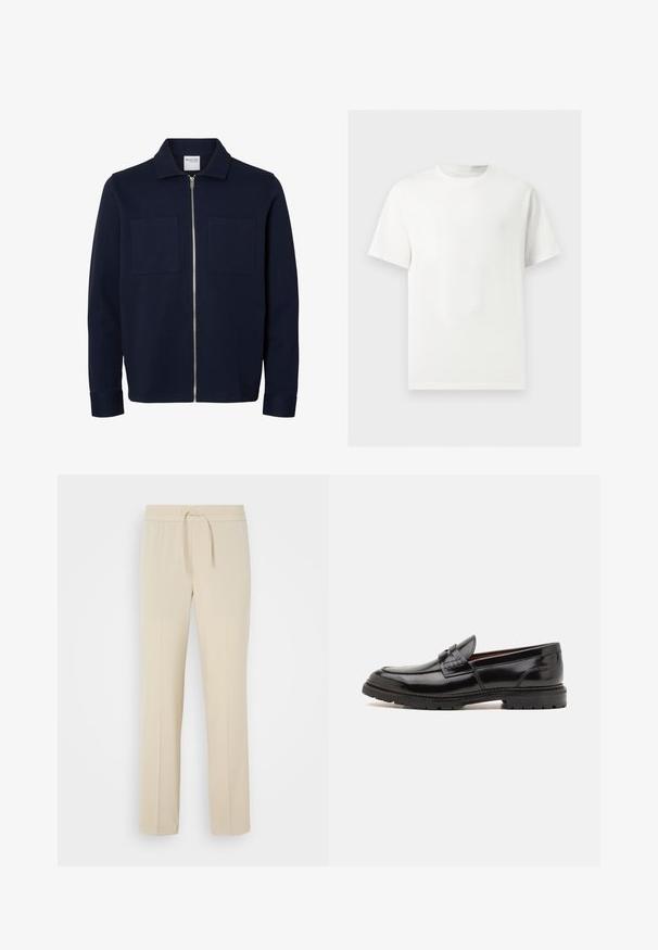 Chaqueta azul marino de manga larga con cuello, cremallera frontal y dos bolsillos parche en el pecho.; Camiseta blanca lisa de manga corta y cuello redondo mostrada sobre un fondo gris claro.; Pantalones beis con cintura elástica y cordón. Presentan piernas rectas y una textura suave, adecuados para el uso casual o para relajarse.; ALDO ALERIS - Zapatos sin cordones - black