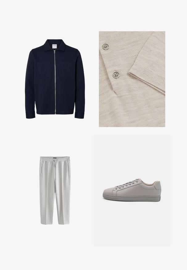 Marineblå jakke med lange ærmer, krave, lynlås foran og to brystlommer.; Lys beige cardigan med en fin strikstruktur. Har tre metalliske knapper og ribbede manchetter for et struktureret finish.; Lys grå sweatpants lavet af glat stof, med elastisk talje og snor, samt to sidelommer.; Grå lædersneaker med en glat finish, flade snørebånd, rund tå og en kontrasterende grå gummisål. Minimalistisk design og tekstur.
