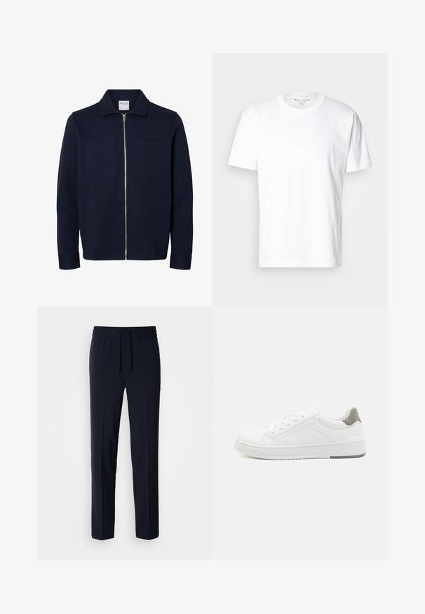 Chaqueta azul marino de manga larga con cuello, cremallera frontal y dos bolsillos parche en el pecho.; Camiseta de algodón blanca con cuello redondo y mangas cortas. Presenta un pequeño detalle del logo en el frente. Textura suave y corte casual.; Pantalones ligeros azul marino con cintura elástica y cordón ajustable, que presentan un diseño de corte recto y una textura suave.; Zapatilla blanca con material de cuero liso, punta redonda, diseño minimalista, acento gris en el talón y suela de goma texturizada.