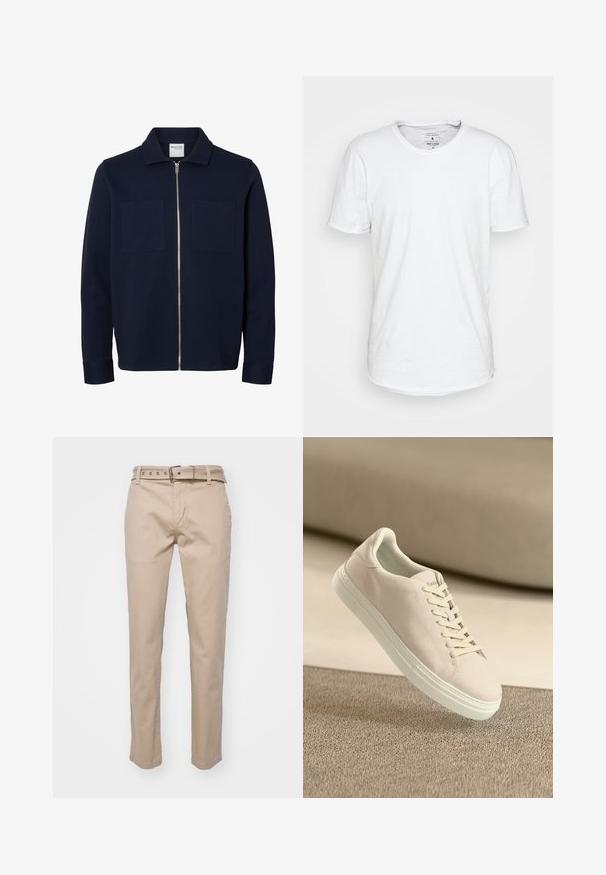 Marineblå jakke med lange ærmer, krave, lynlås foran og to brystlommer.; Hvid kortærmet T-shirt lavet af bomuld med en klassisk rund halsudskæring. Har en let buet kant og minimale syninger.; Beige bomuldsbukser med slim fit, udstyret med et bælte med fem huller og fem dekorative knapper langs taljen.; Beige ruskinds sneakers med hvid sål og snørebånd, vist svævende over tekstureret beige tæppe mod en blød beige baggrund.