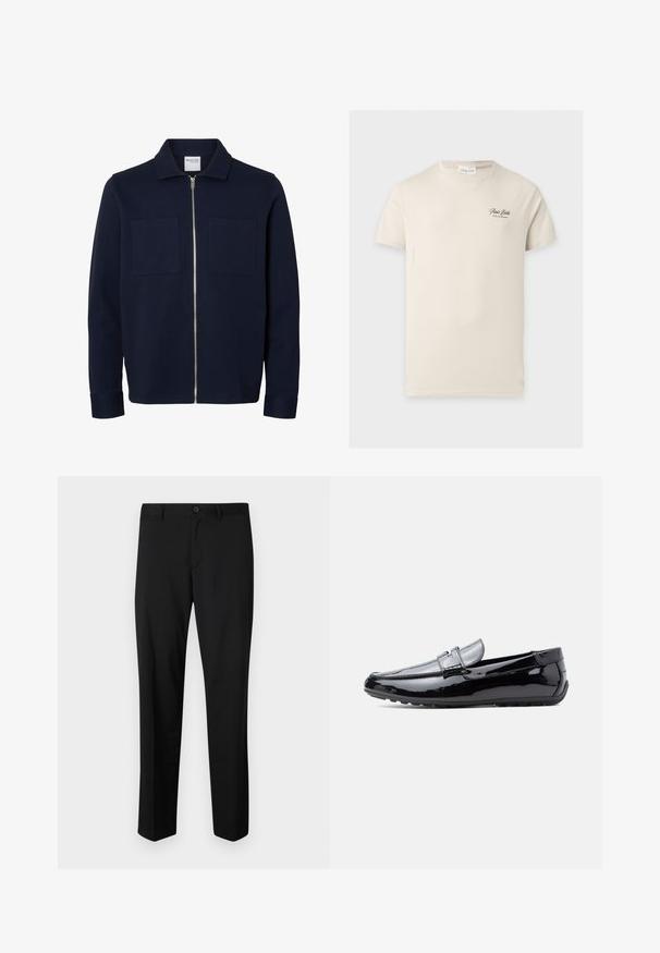 Chaqueta azul marino de manga larga con cuello, cremallera frontal y dos bolsillos parche en el pecho.; Camiseta beige de manga corta y cuello redondo con texto negro pequeño "Paris Bistro" en la zona izquierda del pecho.; Pantalones de traje negros con frente plano, cintura estándar y piernas rectas. Hechos de una tela suave, con un cierre de botón único.; Mocasín de charol negro con tacón bajo, diseño sin cordones y correa decorativa en la parte superior, mostrado de perfil sobre fondo blanco.
