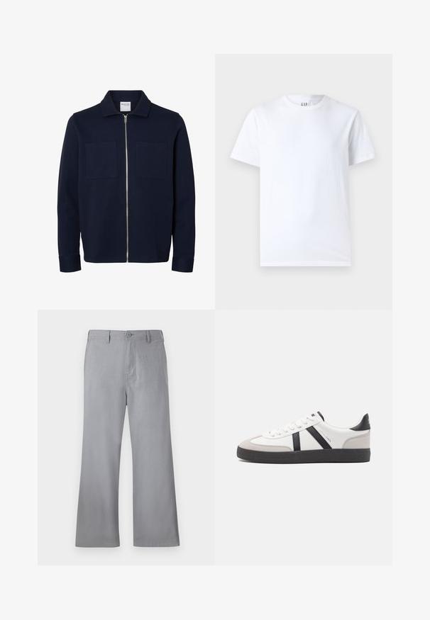 Marineblå jakke med lange ærmer, krave, lynlås foran og to brystlommer.; Hvid bomulds t-shirt med rund halsudskæring og korte ærmer. Enkel design uden mønstre eller grafik, med GAP branding på kraven.; Grå brede bukser lavet af blødt stof, med knaplukning foran, bæltestropper og et enkelt design uden synlige mønstre eller accenter.; Hvide sneakers med sorte og grå detaljer, med en tekstureret grå tåhætte, sort gummisål og flade hvide snørebånd. Rent design, minimalistisk stil.