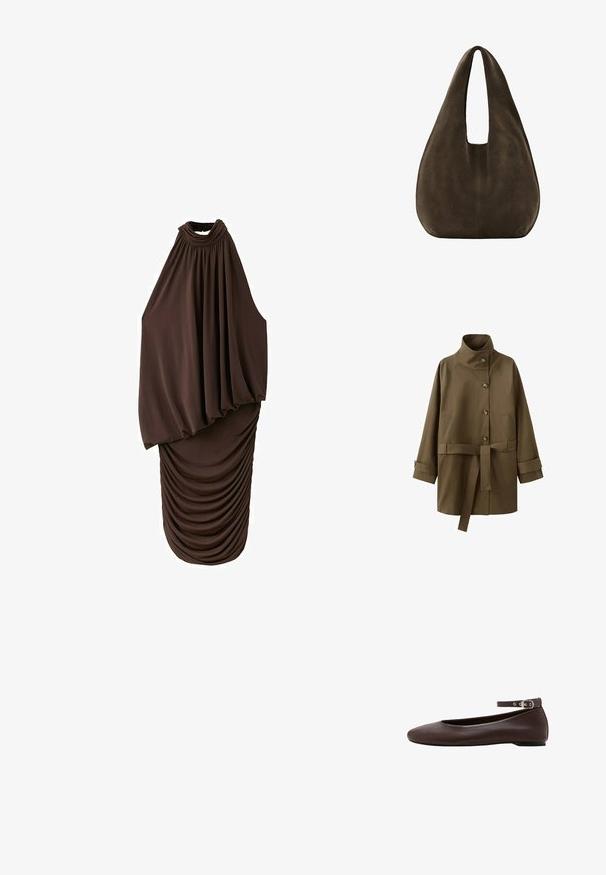 Manteau marron ceinturé avec col montant, fermeture à boutons, deux poches latérales et brides aux poignets des manches longues.; Robe midi marron foncé sans manches avec col haut, haut drapé ample et bas de jupe froncé et ajusté.; Chaussure plate marron foncé avec bout arrondi et bride de cheville réglable avec boucle argentée sur fond blanc.; Sac hobo en daim marron foncé doux avec une large bandoulière unique et un fond arrondi sur fond blanc.