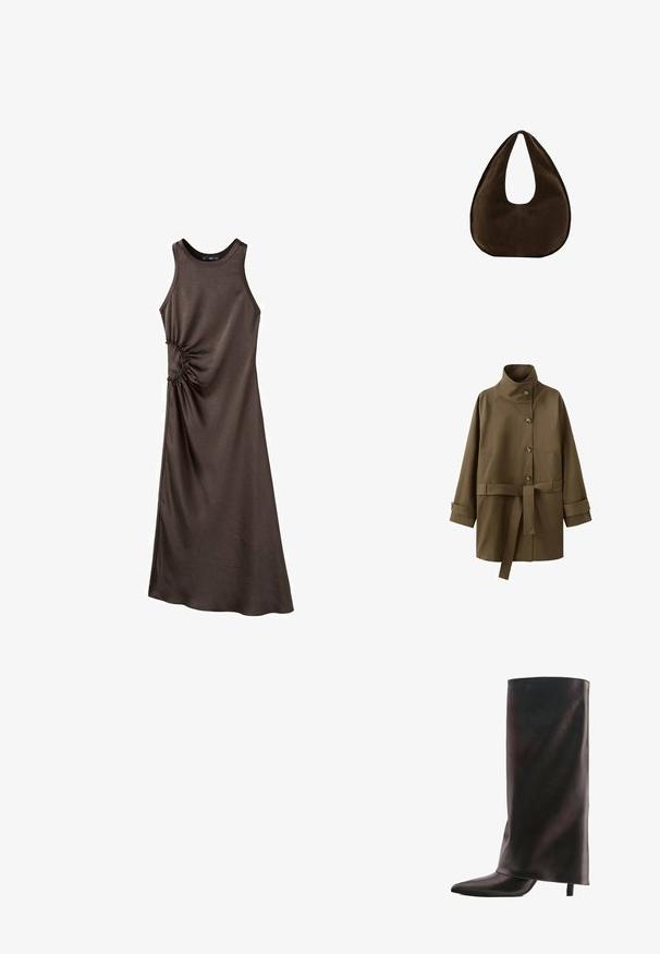 Manteau marron ceinturé avec col montant, fermeture à boutons, deux poches latérales et brides aux poignets des manches longues.; Robe marron sans manches en tissu lisse avec un détail froncé sur le côté, présentant une silhouette longue et droite ainsi qu'un col rond.; Botte haute noire en cuir avec un bout pointu et un talon fin de hauteur moyenne sur fond blanc.; Sac à main en daim marron foncé en forme de croissant avec une seule sangle large et une texture lisse sur fond blanc.