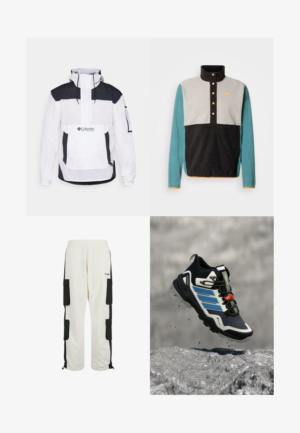 Veste Columbia blanche et noire avec capuche, fermeture éclair moitié sur le devant, poche avant et manches élastiques. Fabriquée en matériau léger.; Pull polaire à col montant. Présente des panneaux noirs, gris et turquoise, des boutons orange en accent, et un logo sur la poitrine.; Pantalons cargo blancs avec des panneaux latéraux noirs, taille élastique et poches cargo. Comprend des ourlets ajustables et le logo FUBU sur la jambe gauche.; Chaussure de randonnée Adidas Terrex noire et bleue avec une semelle robuste, flottant au-dessus d'un terrain rocheux avec de la terre qui vole autour.