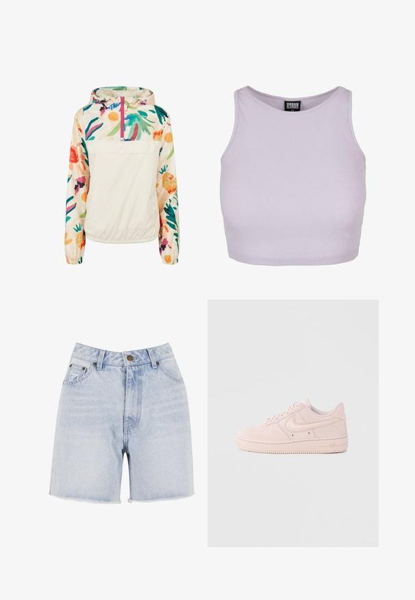 Veste anorak légère avec un corps crème et des motifs floraux vibrants en vert, rose et jaune. Comprend une poche frontale et une capuche ajustable.; Crop top lilas en côtes avec un col rond. Présente une forme ajustée et sans manches, fabriqué à partir d'un tissu doux et extensible.; Short en denim bleu clair avec bouton à l'avant, passants de ceinture, cinq poches et ourlets effilochés.; Baskets en daim rose à texture lisse, semelle en caoutchouc, bout perforé et détails de logo brodés. Conçues avec un profil bas classique.