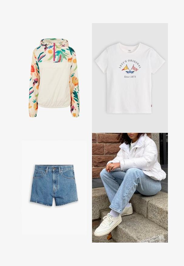 Lichtgewicht anorakjack met een crèmekleurig lijf en levendige bloemmotieven in groen, roze en geel. Heeft een voorzak en verstelbare capuchon.; Wit Levi's T-shirt met korte mouwen, gekruiste gele en rode vlaggen en tekst "Levi's Original Since 1873" voor midden.; Lichtblauwe denimshorts met vijf zakken, een ritssluiting en een knoopsluiting. De zoom is rafelig en heeft een ontspannen pasvorm.; Witte pufferjack met een hoge kraag, lichtblauwe denim jeans en witte Reebok sneakers. Geïntegreerde stenen trappen op de achtergrond.