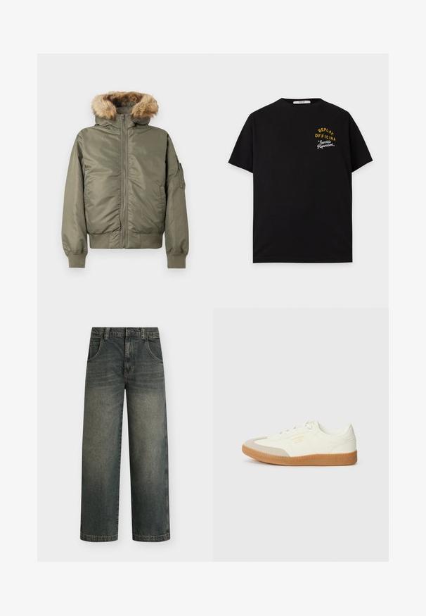 Olivgrüne Bomberjacke mit einer Kapuze aus Kunstfell, Frontreißverschluss, gerippten Bündchen und Taschenverzierung am linken Ärmel.; Schwarzes kurzärmeliges T-Shirt mit gelbem und weißem Text "REPLAY OFFICINA Servizio Riparazioni" auf der linken Brustseite.; Weit geschnittene Jeans aus dunklem Denim mit ausgewaschenem Effekt, fünf Taschen und Knopfverschluss; zeichnet sich durch kontrastierende Nähte und einen geraden Saum aus.; Sneaker aus weißem Leder mit einer beigen Zehenkappe und leichter brauner Gummisohle. Verfügt über flache weiße Schnürsenkel und geprägtes Branding an der Seite.