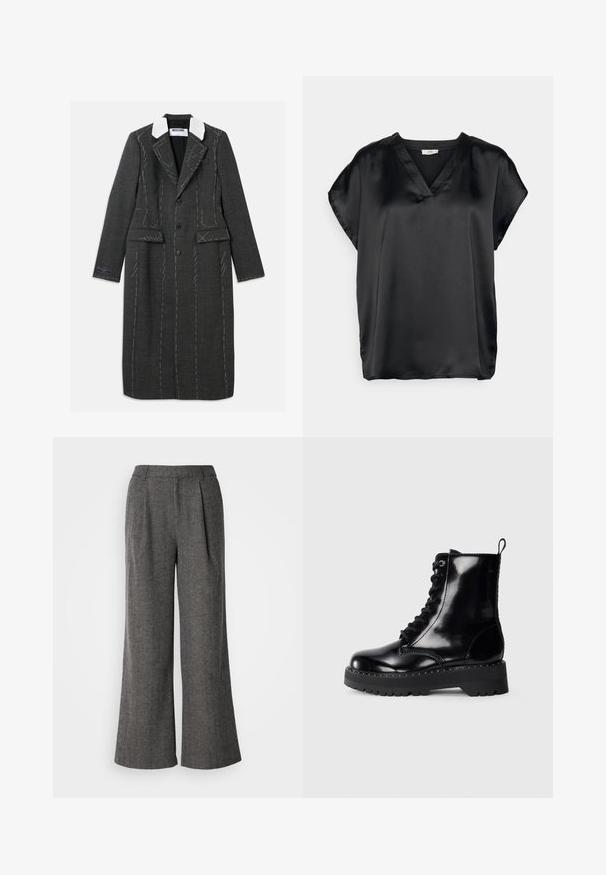 Hallide pikad mantel valge kraega, millel on kohandatud disain, nähtavad valged õmblused ja kaks esist kotti.; JDY Tall JDYBEATRICE V NECK - Lihtne T-särk - black; Hallhalli herringbone mustrid suurte jalgadega püksid, millel on volditud esiosa, kohandatud vöökoht ja sile tekstuur, esitades puhta ja professionaalse disaini.; Must sädelevate mustad nahast pahkluudega saapad, millel on nööridega esiosa, paks kummine tald ja tagumine tõmbeaas. Saabastel on dekoratiivne õmblus ja nurgas spetsiaalsed nupud.