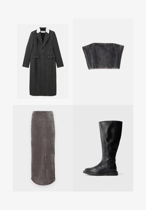 Grå lang frakke med hvid krave, med skræddersyet design, synlige hvide syninger og to frontlommer.; Sort denim bustier med struktureret design, der har lodrette sømme og en tætsiddende, cropped form. Tekstureret overflade med subtil fading.; Grå, knælængde nederdel lavet af blød, struktureret stof med en subtil glans. Har en lige snit og en afrundet kant.; Sorte læderknæhøje støvler med rund tå, let struktureret overdel og gummisål. Har en sideløsning for nem påtagning.