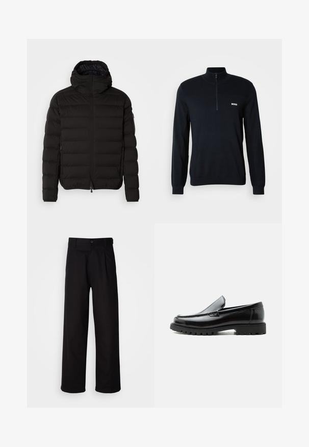 Sort pufferjakke med høj krave, lynlåslukning og sidelommer. Har et quiltet mønster og en glat, mat tekstur.; Marineblå sweater med høj krave og halv lynlås. Materialet er blødt med en struktureret overflade. Har et lille hvidt "BOSS" logo på brystet.; Sorte bukser lavet af glat stof, med lige ben, frontfolder og en enkelt knaplukning i taljen.; Sort læderloafer med chunky gummisål, syet overdel og præget mærkenavn på hælen, vist i sideprofil på hvid baggrund.