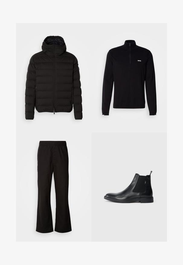 Sort pufferjakke med høj krave, lynlåslukning og sidelommer. Har et quiltet mønster og en glat, mat tekstur.; Sort langærmet pullover med halvlukket lynlås ved kraven, med ribbet tekstur og hvid "BOSS"-logo på brystet. Blød stoffinish.; Sorte bukser med elastisk talje og n tapered form, lavet af glat bomuldsstof. Har et enkelt design og lige benåbninger.; Sorte læder Chelsea støvler med elastiske sidepaneler, en pull-tab og en flad gummisål. Glat tekstur med minimal detaljer.