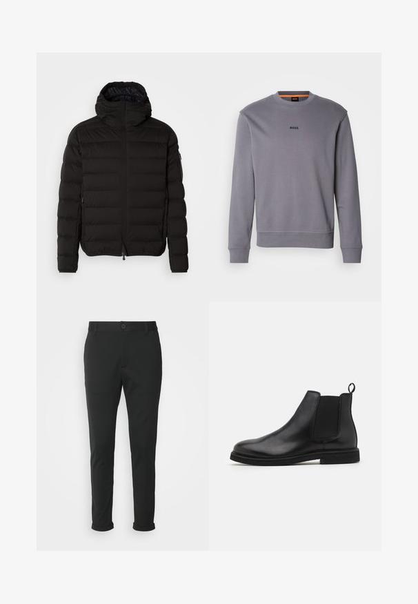 Chaqueta acolchada negra con un cuello alto, cierre de cremallera y bolsillos laterales. Presenta un patrón acolchado y una textura suave y mate.; Sudadera gris de algodón con cuello redondo, puños y dobladillo acanalados, que presenta un pequeño logo "BOSS" en el frente.; Pantalones negros hechos de una tela suave con corte recto. Cuenta con un cierre de botón único y puños doblados.; Botas Chelsea de cuero negro con paneles laterales elásticos y una lengüeta. Punta redonda y suela de goma plana, con un acabado suave.