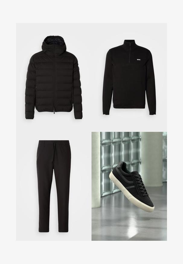 Chaqueta acolchada negra con un cuello alto, cierre de cremallera y bolsillos laterales. Presenta un patrón acolchado y una textura suave y mate.; Pulóver negro de media cremallera hecho de un suave tejido de punto. Presenta un alto cuello, mangas largas y un logo blanco de BOSS en el pecho.; Pantalones de chándal negros de tejido suave. Cuentan con una cintura elástica con cordón, piernas ajustadas y sin bolsillos visibles. Diseño sencillo.; Zapatilla negra de perfil bajo con suela y cordones blancos, de la marca "BOSS", flotando en interiores cerca de ventanas de bloques de vidrio y pilares de hormigón.