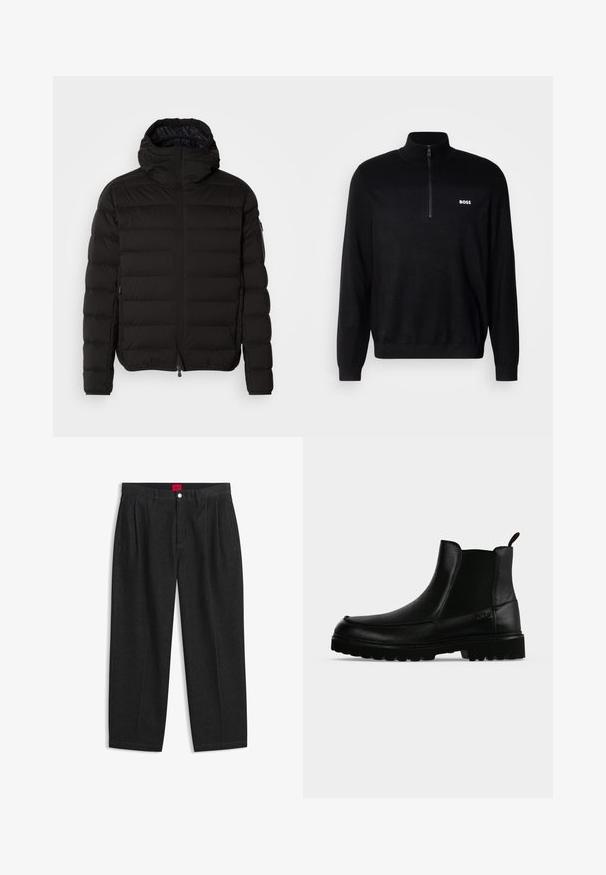 Schwarze Pufferjacke mit hohem Kragen, Reißverschluss und Seitentaschen. Verfügt über ein gestepptes Muster und eine glatte, matte Oberfläche.; Schwarzer Pullover mit Halbzip-Kragen, der eine gerippten Struktur an den Schultern und ein kleines weißes "BOSS"-Logo auf der Brust aufweist.; Schwarze Hose mit hoher Taille, vorderen Falten, Gürtelschlaufen, Knopf- und Reißverschluss sowie einem roten Etikett innen am Bund.; Schwarzer Lederknöchelstiefel mit strukturierter Sohle, elastischen Seitenteilen und Zuglasche vor einem hellgrauen Hintergrund.