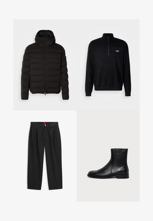 Chaqueta acolchada negra con un cuello alto, cierre de cremallera y bolsillos laterales. Presenta un patrón acolchado y una textura suave y mate.; Suéter negro de hilo con cuello de media cremallera, que presenta textura acanalada en los hombros y un pequeño logo blanco de "BOSS" en el pecho.; Pantalones negros de talle alto con pliegues delanteros, trabillas para cinturón, cierre con botón y cremallera, y una etiqueta roja en el interior de la cintura.; Botín negro de cuero con tacón bajo, costura lateral y pequeño logo "HUGO" en el puño superior sobre un fondo liso.