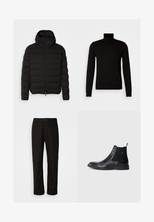 Chaqueta acolchada negra con un cuello alto, cierre de cremallera y bolsillos laterales. Presenta un patrón acolchado y una textura suave y mate.; Suéter negro de cuello alto confeccionado en un tejido de punto fino, con mangas largas y una silueta ajustada. Textura suave con puños acanalados.; Pantalones de algodón negros con corte recto, presillas para el cinturón, cremallera frontal y un solo botón de cierre. Textura suave sin patrones visibles.; Botines Chelsea de cuero negro con paneles elásticos laterales, una pestaña para tirar y una suela de goma plana. Textura suave con un detalle mínimo.