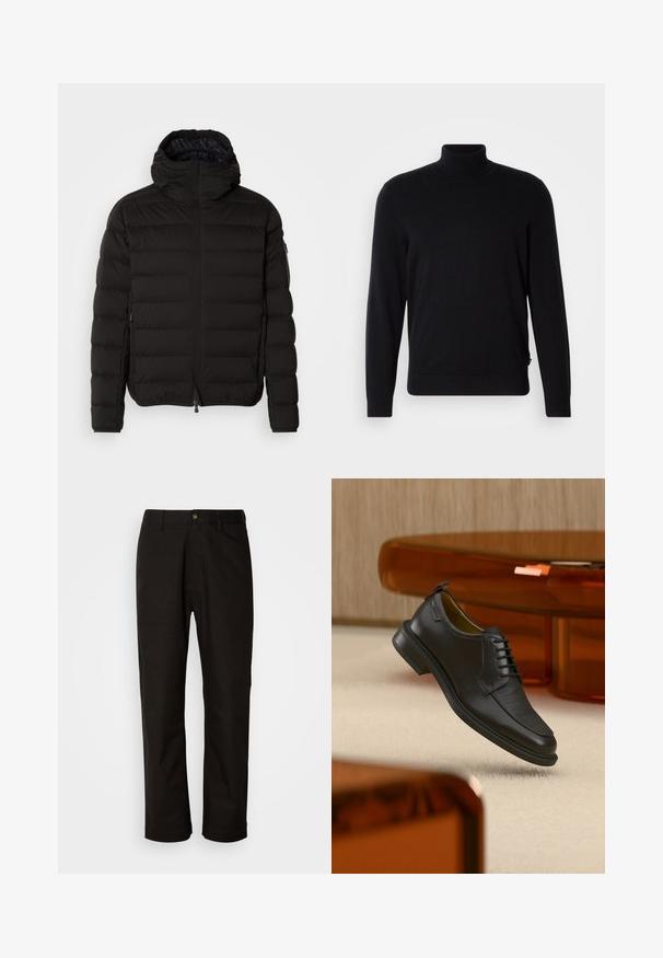 Sort pufferjakke med høj krave, lynlåslukning og sidelommer. Har et quiltet mønster og en glat, mat tekstur.; Sort rullekravesweater lavet af strikkemateriale, med lange ærmer og et tætsiddende design. Glat tekstur med ribbet hals og kant.; Sorte bomuldsbukser med lige pasform, bæltestropper, lynlås foran og en enkelt knappelukning. Glat tekstur uden synlige mønstre.; Sort lædersko med snørebånd og tekstureret front, svævende over beige tæppe i et moderne rum med møbler i ravfarvet toning.