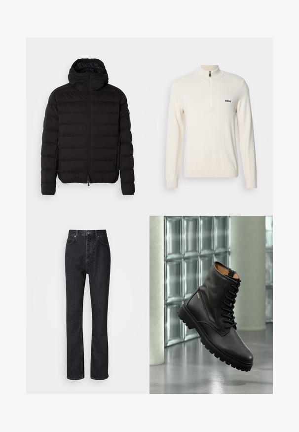 Chaqueta acolchada negra con un cuello alto, cierre de cremallera y bolsillos laterales. Presenta un patrón acolchado y una textura suave y mate.; Suéter de punto beige claro con un cuello alto y medio zíper, que presenta un pequeño logo negro en el lado izquierdo del pecho y puños acanalados.; Jeans de mezclilla negros de cintura alta con cierre de botón y cremallera, bolsillos frontales y traseros, y corte recto.; Bota de combate de cuero negro con cordones y suela gruesa, logotipo dorado "HUGO" en el lateral, mostrada en un ambiente interior moderno con pared de bloques de vidrio de fondo.