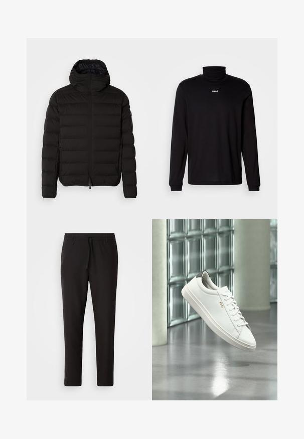 Zwarte pufferjack met hoge kraag, ritsluiting en zijzakken. Beschikt over een gewatteerd patroon en een gladde, matte textuur.; Zwarte turtleneckshirt met lange mouwen, gemaakt van soepel materiaal, met een witte "HUGO" logo op de borst, en met aansluitende manchetten en zoom.; Zwarte joggingsbroek van gladde stof. Kenmerkt zich door een elastische tailleband met een trekkoord, taps toelopende benen en geen zichtbare zakken. Eenvoudig ontwerp.; Witte leren lage sneaker met veters, zwarte hielstrook en "BOSS"-logo, zwevend binnenshuis bij een glazen stenen muur en gepolijste vloer.