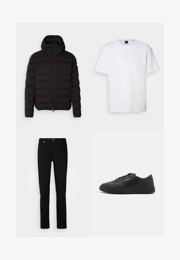Schwarze Pufferjacke mit hohem Kragen, Reißverschluss und Seitentaschen. Verfügt über ein gestepptes Muster und eine glatte, matte Oberfläche.; Weißes Baumwoll-T-Shirt mit kurzen Ärmeln, rundem Ausschnitt und geprägtem "BOSS"-Logo auf der Brust. Glatte Textur, normale Passform.; Schwarze Jeans mit geradem Bein, vorne mit Knopf- und Reißverschluss, Vorder- und Gesäßtaschen, dargestellt vor einem schlichten hellen Hintergrund.; Schwarze Leder-Sneaker mit glatter Textur, runder Zehenpartie, flacher Gummisohle und einfarbigen Schnürsenkeln. Mit goldfarbenem "BOSS" Logo an der Seite.