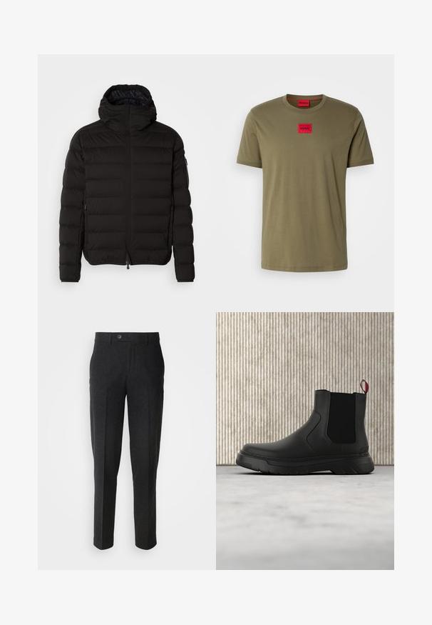 Veste matelassée noire avec col haut, fermeture éclair et poches latérales. Présente un motif matelassé et une texture lisse et mate.; T-shirt en coton vert olive avec un col rond, des manches courtes et un logo carré rouge brodé sur la poitrine. Texture lisse.; Lindbergh Pantalon classique - black melange; Bottines noires avec une finition lisse, des panneaux latéraux élastiques et une languette rouge contrastante, présentant une semelle en caoutchouc épaisse et un bout arrondi.