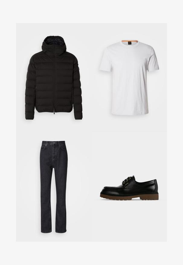 Chaqueta acolchada negra con un cuello alto, cierre de cremallera y bolsillos laterales. Presenta un patrón acolchado y una textura suave y mate.; Camiseta de manga corta blanca hecha de suave algodón, con un cuello redondo y un sutil detalle de logo en blanco a juego en la parte delantera.; Jeans de mezclilla negros de cintura alta con cierre de botón y cremallera, bolsillos frontales y traseros, y corte recto.; Zapato de piel negro de corte bajo con suela gruesa marrón estriada, cordones delanteros y logo dorado "Hugo" en el lateral.