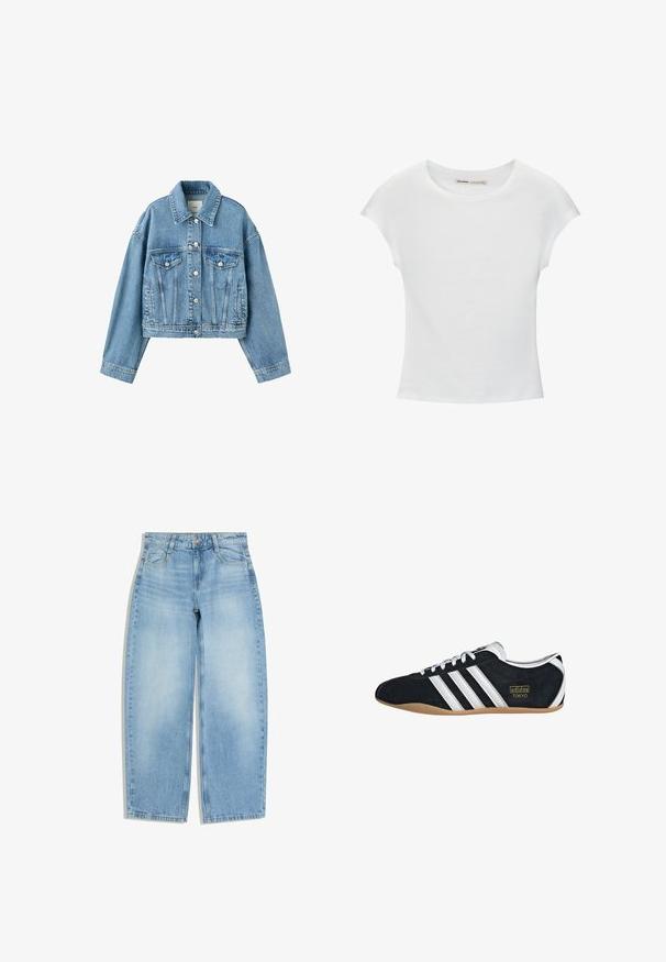 Veste en jean bleu clair, courte, à manches longues, avec boutons sur le devant, deux poches poitrine à rabat, et un col classique.; T-shirt en coton blanc avec manches courtes retroussées, encolure ronde et ourlet droit. Texture lisse sans motifs ni accents visibles.; Jean large bleu clair avec poches avant, passants pour ceinture et fermeture par bouton sur fond blanc.; Sneakers en suede noir avec trois bandes blanches, logo doré et semelle en caoutchouc marron. Présente un design à lacets à profil bas.