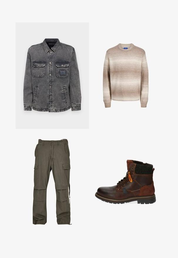 Denimjacke in verblasstem Grau mit durchgehender Knopfleiste, zwei Brusttaschen und Seitentaschen. Mit einem kontrastierenden Etikett-Patch auf der linken Tasche.; Beige- und cremefarbener Ombre-Strickpullover mit langen Ärmeln und gerippten Bündchen und Saum, Rundhalsausschnitt, Jack & Jones Etikett im Kragen.; Olivgrüne Cargo-Hose aus Baumwolle mit mehreren Taschen, geradem Schnitt und verstellbaren Knöchelbündchen. Besitzt verstärkte Nähte für Langlebigkeit.; Braune Leder-Stiefelette mit kontrastierendem dunklem Textilkragen, Metallösen, orangefarbenem Akzent und robustem schwarzen Gummisohle.