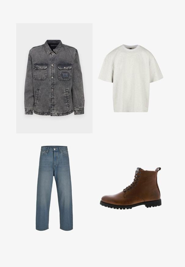 Denimjacke in verblasstem Grau mit durchgehender Knopfleiste, zwei Brusttaschen und Seitentaschen. Mit einem kontrastierenden Etikett-Patch auf der linken Tasche.; Hellgraues Baumwoll-T-Shirt mit kurzen Ärmeln, Rundhalsausschnitt und lockerer Passform. Der Stoff hat eine weiche, leicht strukturierte Oberfläche.; Hellblaue Denim-Jeans mit entspannter Passform, hoher Taille und geraden Beinen. Mit Fronttaschen und Knopfverschluss.; Braune Lederstiefeletten mit strukturiertem Finish, metallischen Ösen und schwarzer Gummisohle. Mit Zuglasche hinten für einfaches An- und Ausziehen.