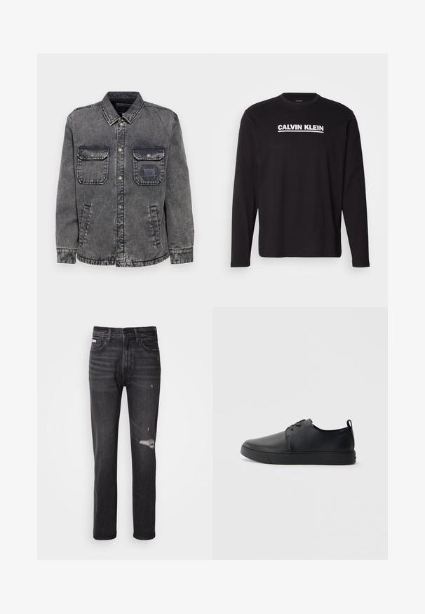 Denimjacke in verblasstem Grau mit durchgehender Knopfleiste, zwei Brusttaschen und Seitentaschen. Mit einem kontrastierenden Etikett-Patch auf der linken Tasche.; Schwarzes Langarmshirt aus Baumwolle mit einem weißen "CALVIN KLEIN"-Logo über der Brust. Rundhalsausschnitt und enganliegende Ärmel.; Schwarze Denim-Jeans mit gerade geschnittenem Bein, ausgefransten Details an den Knien, Fünf-Taschen-Stil und einem dezenten, ausgewaschenen Finish.; Schwarze Leder-Sneaker mit glatter Oberfläche, abgerundeter Zehenpartie, gleichfarbiger Nähte, schnürbarem Vorderteil und flacher Gummisohle. Schlaufe an der Ferse.