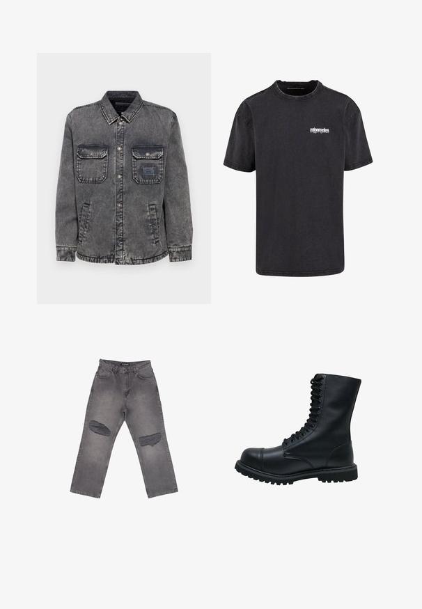 Denimjacke in verblasstem Grau mit durchgehender Knopfleiste, zwei Brusttaschen und Seitentaschen. Mit einem kontrastierenden Etikett-Patch auf der linken Tasche.; Schwarzes Baumwoll-T-Shirt mit kurzen Ärmeln, Rundhalsausschnitt und einem weißen Logo auf der linken Brust. Weicher Stoff und bequeme Passform.; Hoch taillierte graue Denim-Jeans mit weitem Bein und großen abgenutzten Stellen an beiden Knien, mit Taschen vorne und Gürtelschlaufen.; Schwarze Leder Schnürstiefel mit runder Zehenkappe, hohem Schaft, dicker Gummisohle und texturierter Oberfläche. Enthält verstärkte Nähte entlang der Nähte.