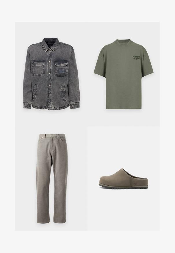 Denimjacke in verblasstem Grau mit durchgehender Knopfleiste, zwei Brusttaschen und Seitentaschen. Mit einem kontrastierenden Etikett-Patch auf der linken Tasche.; Olivgrünes T-Shirt mit kurzen Ärmeln und Rundhalsausschnitt mit kleinem schwarzem "ALLSAINTS"-Logo auf der linken Brust.; Grau karierte Hose mit geradem Schnitt, einem hohen Bund, frontalen Taschen und subtiler vertikaler Rippstruktur.; Brauner Slip-On-Clog aus Wildleder mit geschlossenem Vorderteil, gepolsterter Sohle und niedrigem Rücken, entworfen für lässiges Tragen drinnen und draußen.