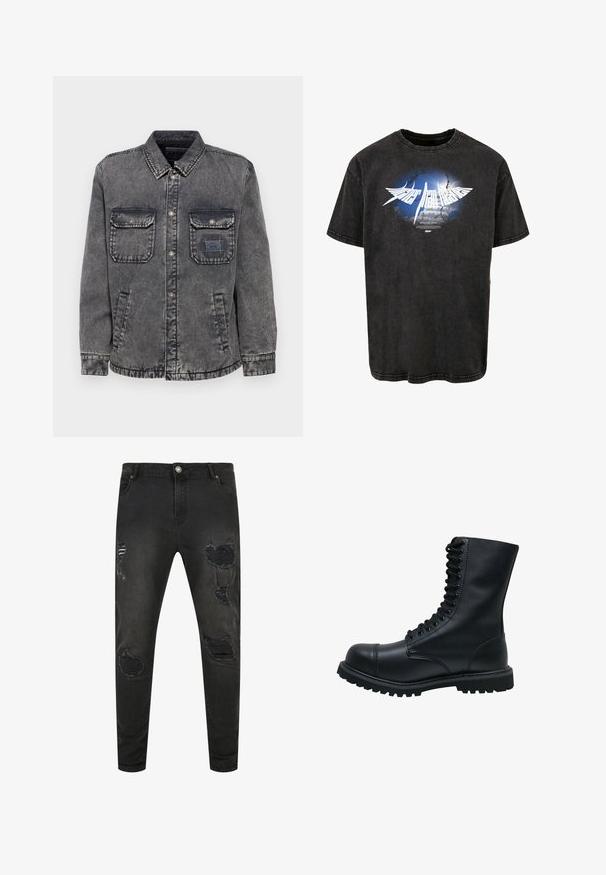 Hämar hall denim jakk, millel on nupuklappi, kaks rinna taskut ja küljetaskud. Vasakul taskul on kontrastne sildipatch.; Must musta T-särk, millel on graafik kujundus sinise taeva ja pilvedega, valge tekst ja kulunud välimus, lühikeste varrukatega ja ümmarguse kaelusega.; Mustad denimi teksad, mis on slim fit stiilis, sisaldavad kulunud detaile, rebenemisi ja pleekinud alasid. Standardne viie taskuga disain metallist nupuga sulgemiseks.; Must musta-läbimisega saapad ümara varbaga, kõrge varrega, paksu kummitaldaga ja tekstureeritud pinnaga. Omab tugevdatud õmblusi õmbluskohtades.