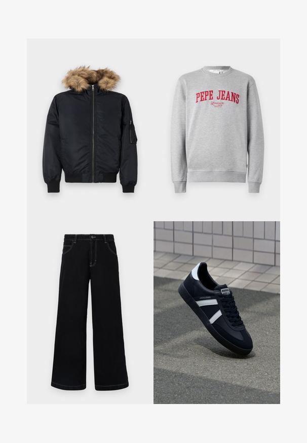 Chaqueta bomber negra con capucha de pelo sintético, cierre de cremallera al frente, puños acanalados y bolsillos laterales. Exterior suave con un brillo sutil.; Sudadera gris con el logotipo bordado en rojo "PEPE JEANS" y el texto "London W1 1973" debajo, con puños y dobladillo acanalados.; Pantalones de mezclilla negros de pierna ancha, con cierre de botón, cinco bolsillos y costuras en contraste de color blanco a lo largo de las costuras.; Zapatilla de cuero negra con rayas blancas, suela de goma texturizada y parte frontal con cordones. Cuenta con una etiqueta de marca en la lengüeta.