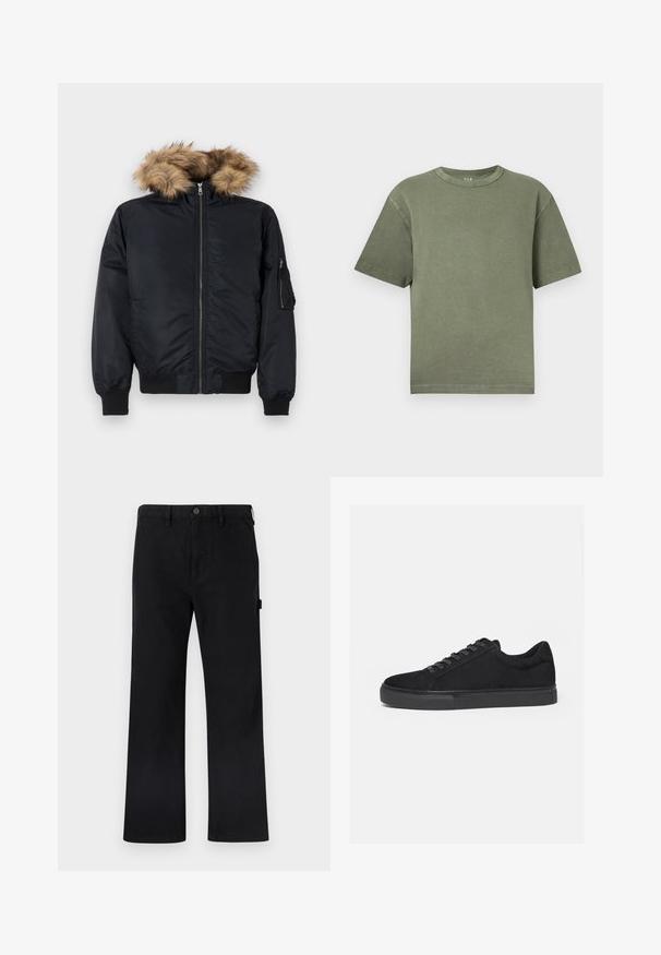 Chaqueta bomber negra con capucha de pelo sintético, cierre de cremallera al frente, puños acanalados y bolsillos laterales. Exterior suave con un brillo sutil.; Camiseta de algodón color verde oliva de manga corta con cuello redondo, de corte holgado y cuadrado, mostrada sobre un fondo blanco.; Pantalones negros de algodón con piernas rectas, cierre de botones, trabillas para cinturón y bolsillos laterales. Textura lisa sin patrones ni marcas visibles.; Zapatilla deportiva negra de corte bajo con cordones delanteros y suela de goma plana, mostrada de lado sobre un fondo blanco.