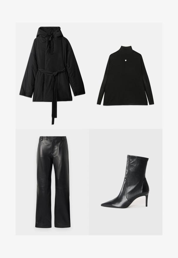 Sort polstret jakke med hætte, justerbart bindebælte, lange ærmer og en glat tekstur. Enkelt design, uden synlige mønstre eller hardware.; Sort turtleneck sweater med lange ærmer, prydet med et lille hvidt hjerteemblem på brystet. Blødt stof og afslappet pasform.; Sorte lige ben faux læderbukser med bæltestropper og en skjult frontlukning, præsenteret på en hvid baggrund.; Sorte ankelstøvler lavet af glat læder, med spids tå, tætsiddende skaft og en slank høj hæl. Minimalistisk design uden synligt hardware.