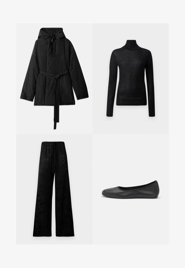 Sort polstret jakke med hætte, justerbart bindebælte, lange ærmer og en glat tekstur. Enkelt design, uden synlige mønstre eller hardware.; Sort langærmet turtle neck top lavet af letvægtsstof, med en tætsiddende design og minimale sømdetaljer, velegnet til lagdeling.; Bredde ben sorte bukser lavet af glat stof, med elastisk talje, snøring og et subtilt blomsterdesign.; Sort læderballetsko med rund tå, glat tekstur, minimal syning og et fleksibelt såldesign.