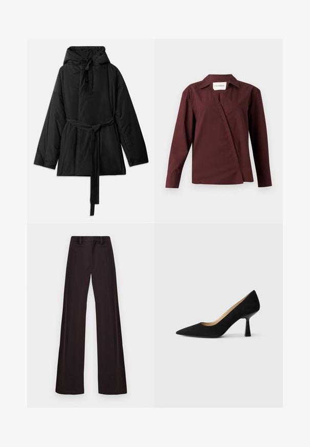Schwarze gepolsterte Jacke mit Kapuze, verstellbarem Bindegürtel, langen Ärmeln und glatter Textur. Schlichtes Design, keine sichtbaren Muster oder Beschläge.; CLOSED ASYMMETRIC SHIRT - Hemdbluse - dark raisin red; Hose mit weitem Schnitt aus dunklem Stoff, mit glatter Textur, Gürtelschlaufen und einem Frontfalten, in einem klaren, ungeschmückten Design.; Schwarze Wildleder-Pumps mit hohem Absatz und spitzer Zehenform, ausgestattet mit einem glänzenden schwarzen Blockabsatz und einem glatten Innenfutter.