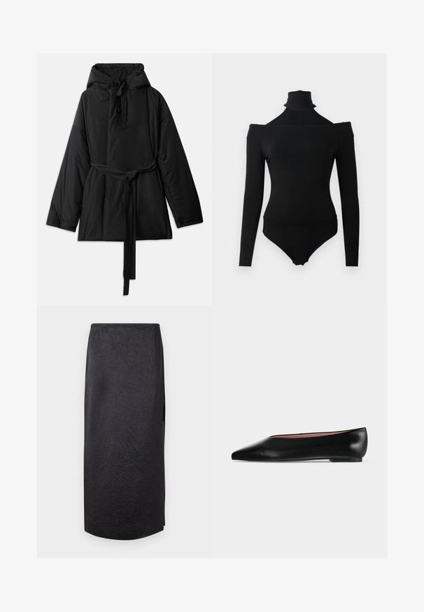 Veste noire rembourrée avec capuche, ceinture à nouer réglable, manches longues et texture lisse. Design uni, sans motifs visibles ni matériel.; Bodysuit noir à manches longues avec décolleté à épaules dénudées et col roulé haut, comportant des fermetures à pression à l'entrejambe.; Jupe noire mi-longue avec une texture froissée, coupe droite et fente sur le côté. Le tissu semble léger. L'ourlet est légèrement arrondi.; Chaussure plate en cuir noir pour femme, avec bout pointu et petit talon, vue de côté sur un fond gris clair uni.