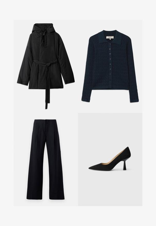Chaqueta negra acolchada con capucha, cinturón ajustable, mangas largas y una textura suave. Diseño liso, sin patrones ni herrajes visibles.; Cárdigan de punto en color marino con un patrón texturizado, cierre de botones en el frente y un cuello en contraste. Presenta mangas largas y dobladillo acanalado.; Pantalones negros con rayas en pinstripe y un diseño de pierna ancha, que presentan pliegues marcados y un acabado limpio. Fabricados con una tela suave y liviana.; Zapato de tacón alto de ante negro con punta afilada, que cuenta con un tacón de bloque negro brillante y un forro interior suave.