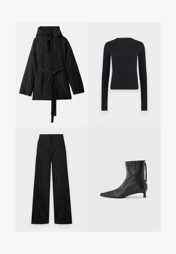 Chaqueta negra acolchada con capucha, cinturón ajustable, mangas largas y una textura suave. Diseño liso, sin patrones ni herrajes visibles.; Top corto ajustado negro de manga larga con escote redondo, hecho de tela de punto acanalada, mostrado sobre un fondo liso gris claro.; Pantalones negros de tiro alto y pierna ancha con detalles de costuras frontales y bolsillos laterales, exhibidos sobre un fondo claro y liso.; Botín de cuero negro con punta afilada, forma estructurada y tacón bajo. Cuenta con cremallera lateral y diseño minimalista.