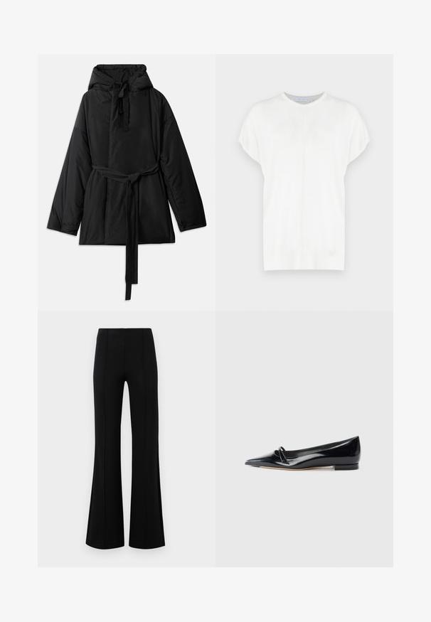 Veste noire rembourrée avec capuche, ceinture à nouer réglable, manches longues et texture lisse. Design uni, sans motifs visibles ni matériel.; Haut tricot blanc à manches courtes avec un col rond, présentant une texture lisse et des détails de coutures subtils à l'avant.; Pantalons évasés noirs avec une taille haute, fabriqués en tissu extensible. Présente des détails de couture verticaux sur le devant et une texture lisse.; Chaussure plate en cuir verni noir avec un bout pointu, une petite lanière décorative et un petit talon carré. Texture lisse et design épuré.